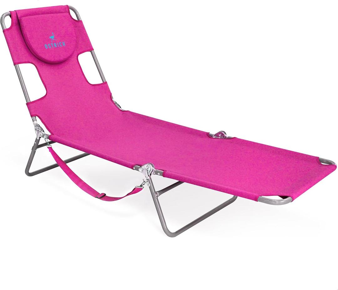 Ostrich Beach Lounge Chair, Folding & Reclining Outdoor Chaise Lounger, Pink - Portable Adjustable Recliner Chair for Lawn, Pool, Patio, Garden, and Yard