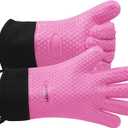 GEEKHOM BBQ Gloves Heat Resistant Oven Mitts - Silicone Grilling Gloves with 13.7" Arm Protection - Waterproof Pot Holder Non-Slip for Men & Women, Kitchen Outdoor Cooking, Baking, Camping, Pink (One Size Fits Most)