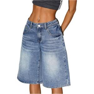 WDIRARA Women's Low Rise Baggy Denim Shorts Wide Leg Bermuda Jean Shorts (26)