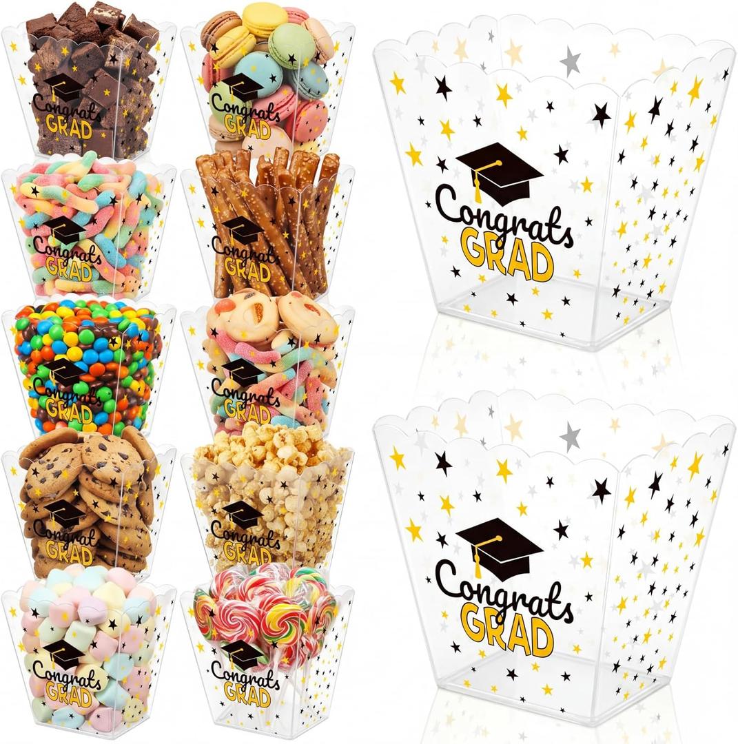 12 Pcs 2026 Graduation Candy Bar Party Supplies Graduation Gift Buckets Plastic Popcorn Box Buffet Bowls for Snack Buckets Black Gold Grad Supplies Congrats Grad Table Reusable Containers