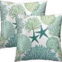 Summer Ocean Themed Nautical Coastal Throw Pillow Covers 18X18 Inches Set of 2 Aqua Teal Seashell Starfish Coral Pillowcase Soft Cotton Square Cushion Covers for Home Sofa Patio Bedroom Decoration