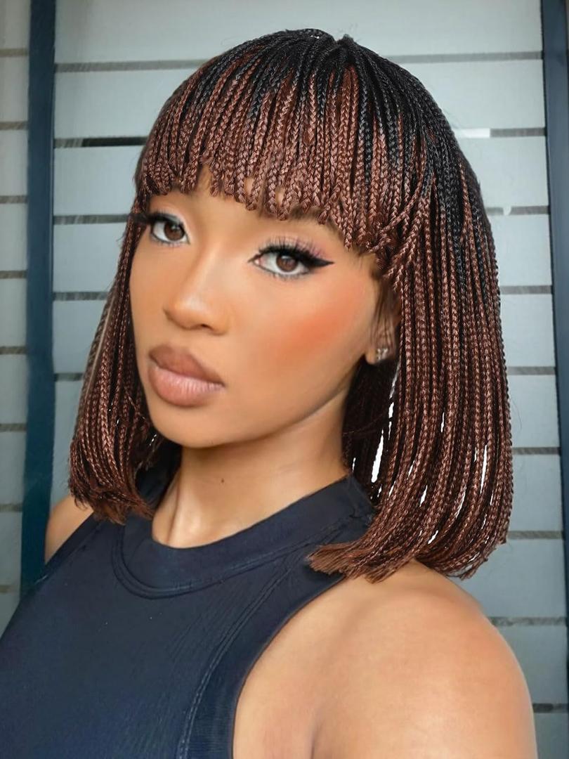 Fancy Hair Braided Wigs for Black Women Short Box Braid Wig with Bangs Synthetic Bob Braid Wig for African American Women (14, Brown)