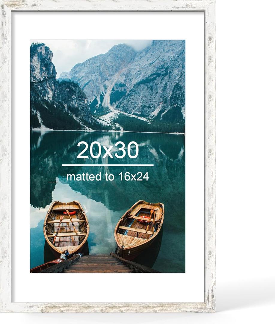 Hongkee 20x30 Frame, Distressed White Wood Style - Display Posters 16 x 24 with Mat or 20x30 without Mat, Wall Mounting Horizontal and Vertical, 1 Pack
