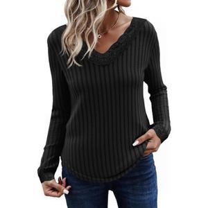 Tankaneo Womens Lace V Neck Tunic Tops Long Sleeve Ribbed Knit Shirts Fall Casual Basic Tees M, Black
