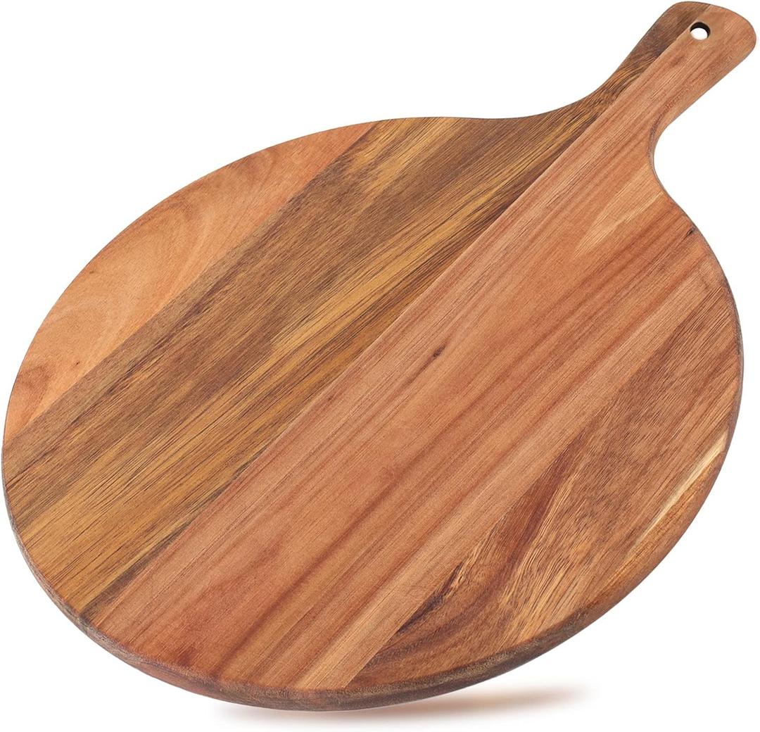 Dicunoy Acacia Wood Pizza Peel, 12" Round Charcuterie Board with Handle, Cutting Board Cheese Paddle Fruit Chopping Board Tray for Bread, Vegetables, RV, Camping (Large)