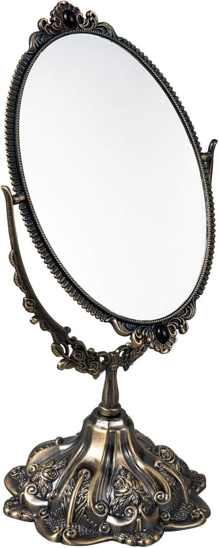 Feyarl Small Metal Vintage Makeup Mirror Floral Tabletop Oval Vanity Swivel Double Sided Mirror with Stand Elegant Decorative for Dressing Room Bedroom (Bronze)