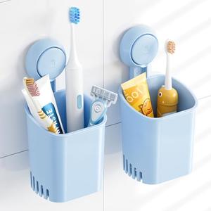 TAILI Suction Toothbrush Holder 2 Pack, Powerful Toothpaste Toothbrush Suction Cup, Self-draining Shower Razor Holder, Shower Toothbrush Holder for Wall, Kitchen Tableware Holder, Blue