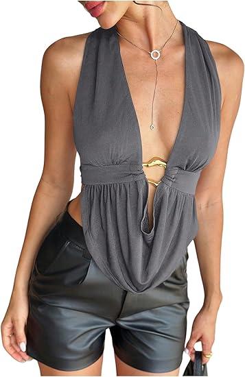 SOLY HUX Women's Sexy Deep V Neck Backless Halter Tops Sleeveless Slim Fitted Vest Party Clubwear Solid Grey Small