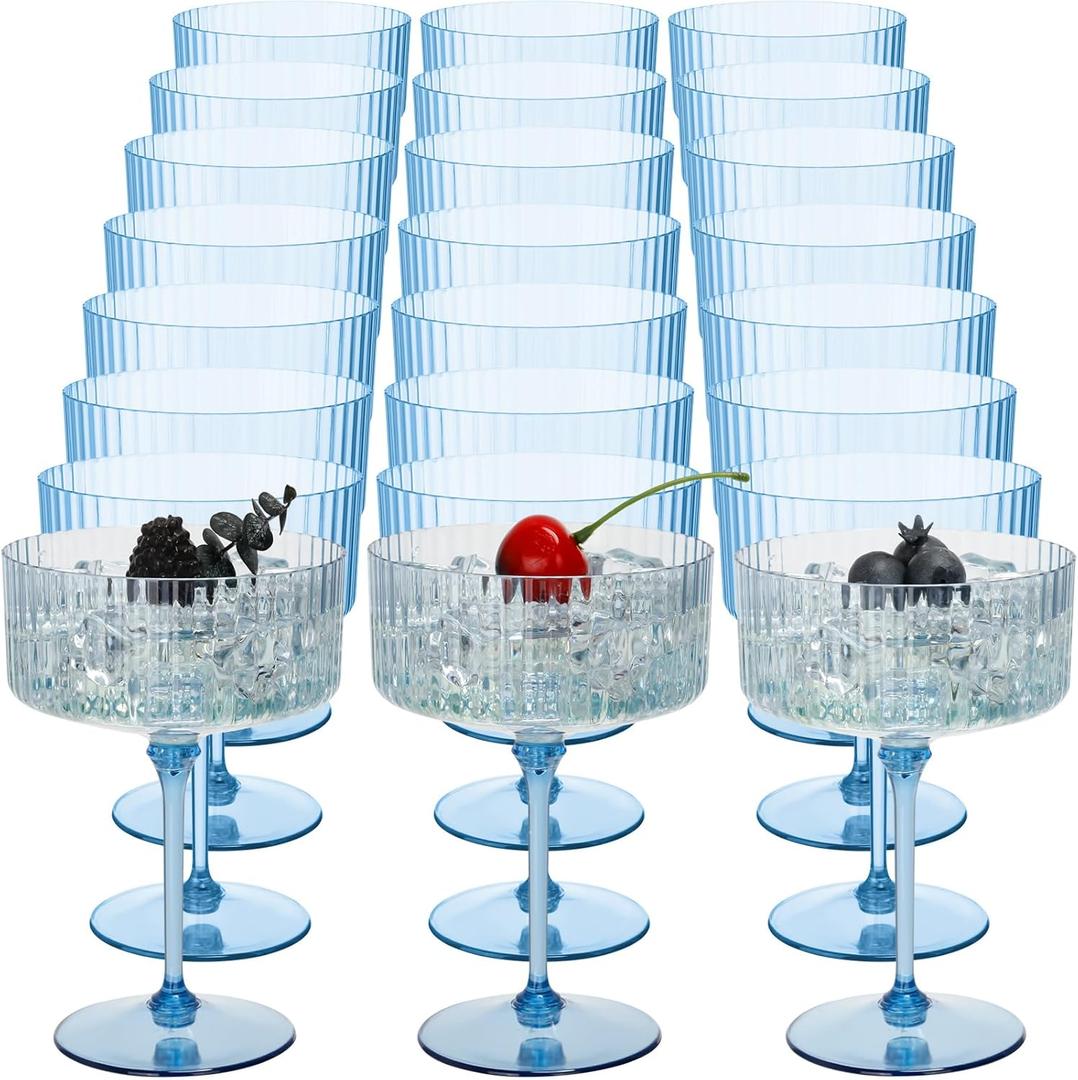Jingmore 24 Pcs Ribbed Martini Glasses 10 oz Disposable Plastic Vintage Ribbed Coupe Glasses Unbreakable Dessert Parfait Glassware for Wedding Birthday Party Supplies (Blue)