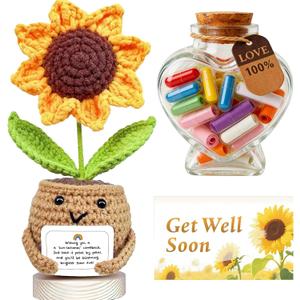 Get Well Soon Gifts Care Package,Knitted Positive Crochet Sunflower & Capsule Letters Message Bottle with Card, Sending Sunshine Feel Better Box for Women Men Friend After Surgery Recovery
