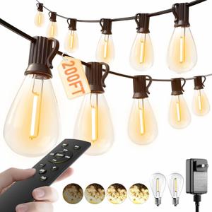luckystyle 200FT LED Outdoor String Lights with Remote, 74+2 Shatterproof Bulbs Waterproof and Dimmable Patio Lights for Porch, Garden, Backyard, Deck, Balcony, 2200K Hanging Lighting Warm Yellow-2200K, 200FT