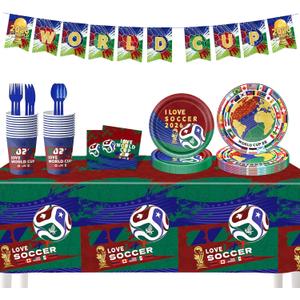 Party Decorations for World Cup 2026, 82 PCS Soccer Theme Party Supplies with Thickened Plates, Napkins Set Tablecloth and Banner for Sports Birthday Party, Soccer Decor