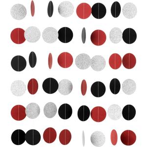 WEVEN Red Black Silver Glitter Paper Garland Circle Dot Streamer Party Banner Backdrop Hanging Decorations, 2.5" in Diameter, 20 Feet in Total