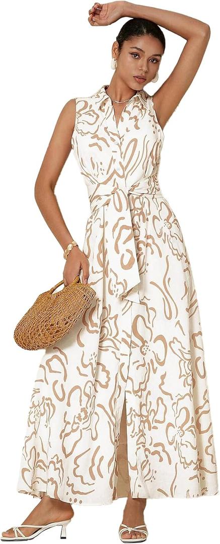 ADOR Women's Summer Button Down Shirt Dresses Sleeveless V Neck Belted Casual Maxi Dress with Pockets Medium