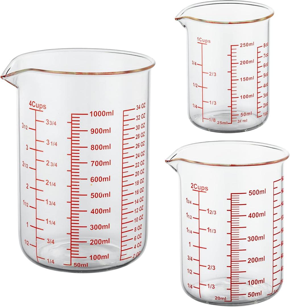 High Borosilicate Glass Measuring Cup Set-V-Shaped Spout Includes 250ml(8OZ), 500ml(16OZ), and 1000ml(32OZ) Glass Measuring Beaker for Kitchen or Restaurant, Easy to Read
