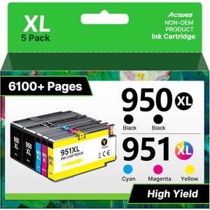 950XL and 951XL Ink Cartridges Combo pack (5-Pack) Replacement for HP 950XL 951XL Ink Cartridges for HP Printers OfficeJet 8600 Series Pro 251dw, 8100, 8600 Series,C2P01FN, 2 Black,Cyan,Magenta,Yellow