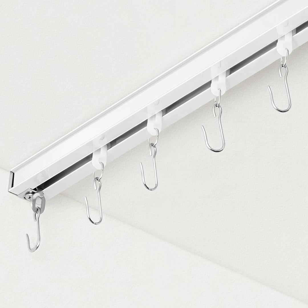 Curtain Track, Ceiling Curtain Track for Room Divider, Ceiling Mount Rail Set with Roller Hooks, White, 6ft - 9ft