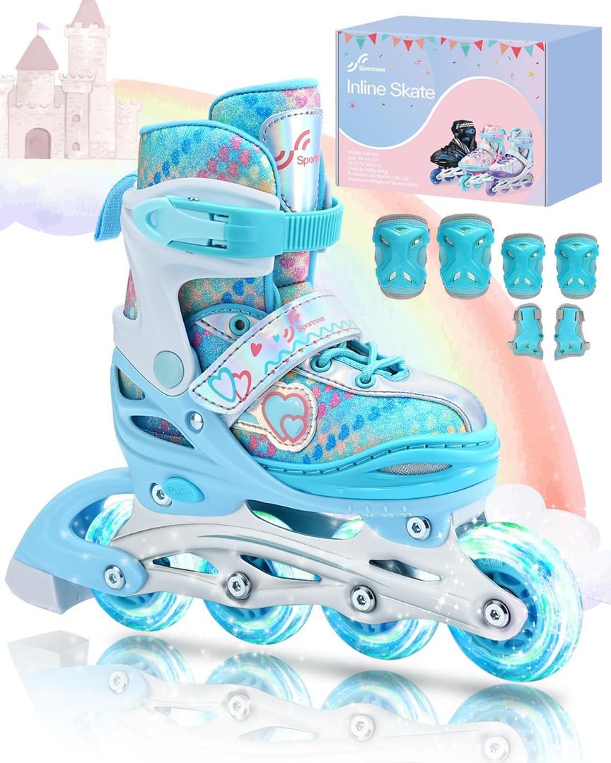 Sportneer 4 Size Adjustable Inline Skates for Girls, Kids Inline Skates Size 12C-9 with Light Up Wheels Roller Blade with Protective Gear Set for Kids Girls Women Beginners Indoor & Outdoor Use L