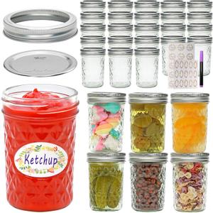 Mason Jars 8 oz with Airtight Lids, 30 Pack Glass Regular Mouth Canning Jars, Small Quilted Crystal Jars for Storing Honey,Jelly, Overnight Oats,Jam
