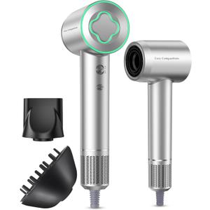Hair Dryer - 150000 RPM High-Speed Brushless Motor Negative Ionic Blow Dryer for Fast Drying, Low Noise Thermo-Control Hair Dryer with Diffuser and Nozzle, Silvery