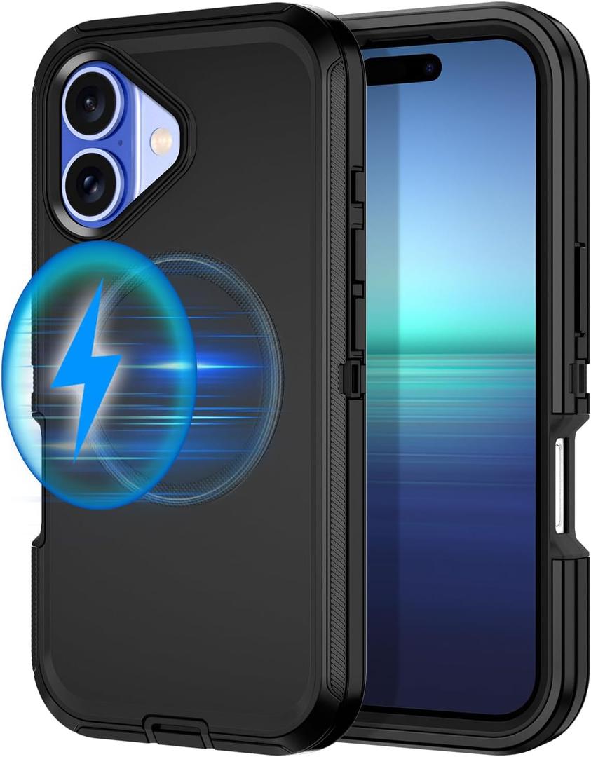 I-HONVA for iPhone 16 Case [Compatible with MagSafe] Shockproof 3-Layer Full Body Protection [Without Screen Protector] Rugged Heavy Duty Cover Case for Apple iPhone 16 6.1",Black