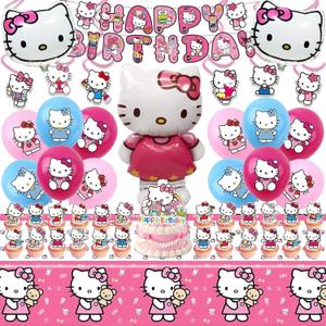 48PCS For Kitty Birthday Party Supplies, Party Decorations Set Include Banner, Balloons, Hanging Swirls, Cake Cupcake Toppers, Tablecloth for Girls Kitty Theme Party