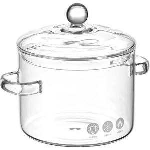 Yardwe Glass Stew Pot with Lid 1.35L Heat Resistant Borosilicate Cooking Pot Two Handles for Soup Noodles and Multi-Use Household Stove Top