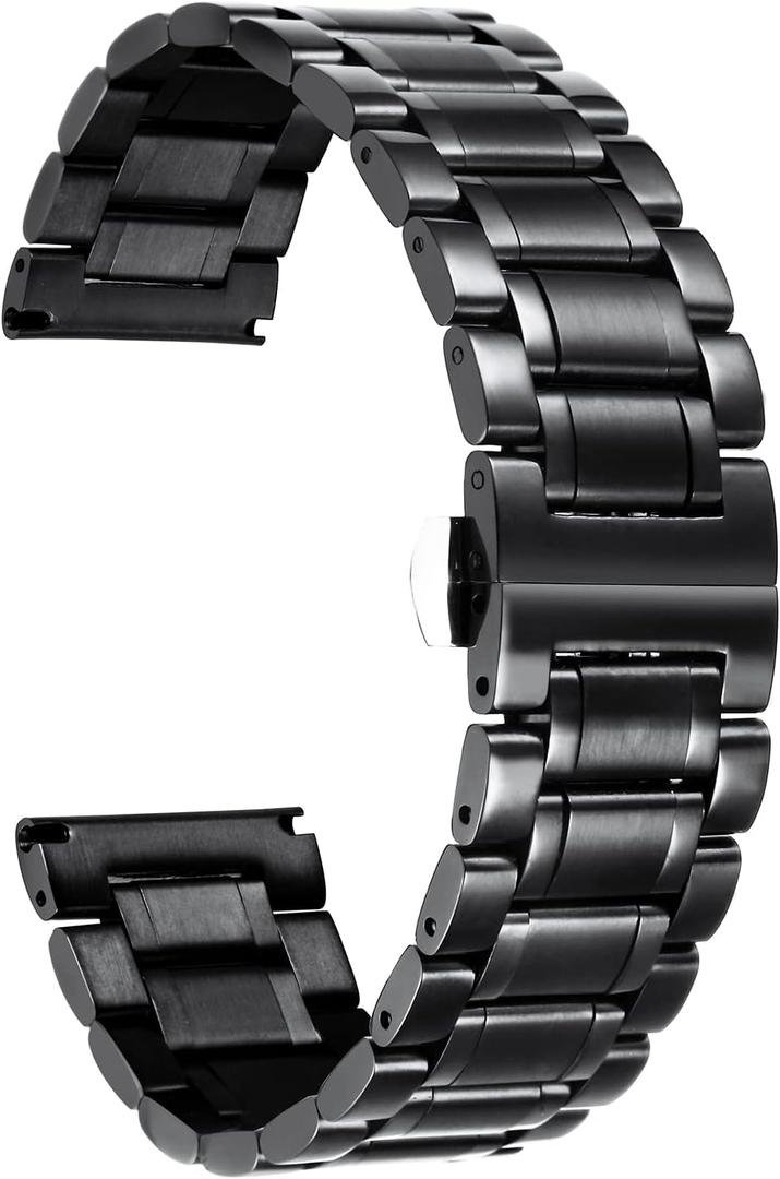 BINLUN Stainless Steel Watch Band 20mm Adjustable Metal Link Watch Bracelet with Straight & Curved Ends for Business Daily Wear Men & Women (Black)