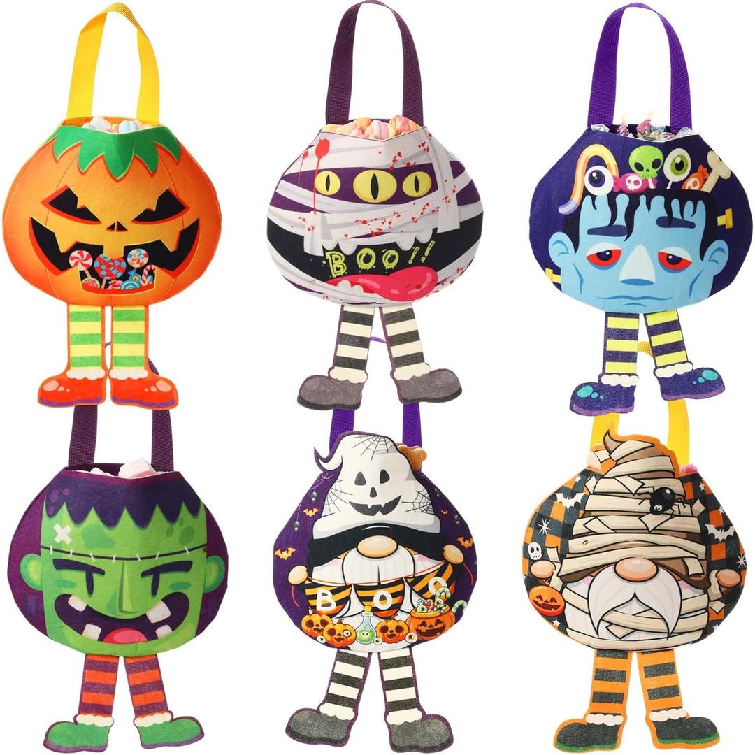 6 Pcs Small Halloween Tote Gift Bags 11.42 x 7.87 in Trick or Treat Goodie Bags Non-Woven Pumpkin Gnomes Monster Candy Basket Bag Reusable for Halloween Party Favors Supplies