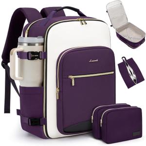 LOVEVOOK 40L Travel Backpack for Women & Men, Airline Approved Carry On Luggage with 3 Packing Cubes, TSA Overnight Bags, Waterproof Personal Item Bag, Weekender Essentials Backpacks fits 17" Laptop (Purple-beige-black)