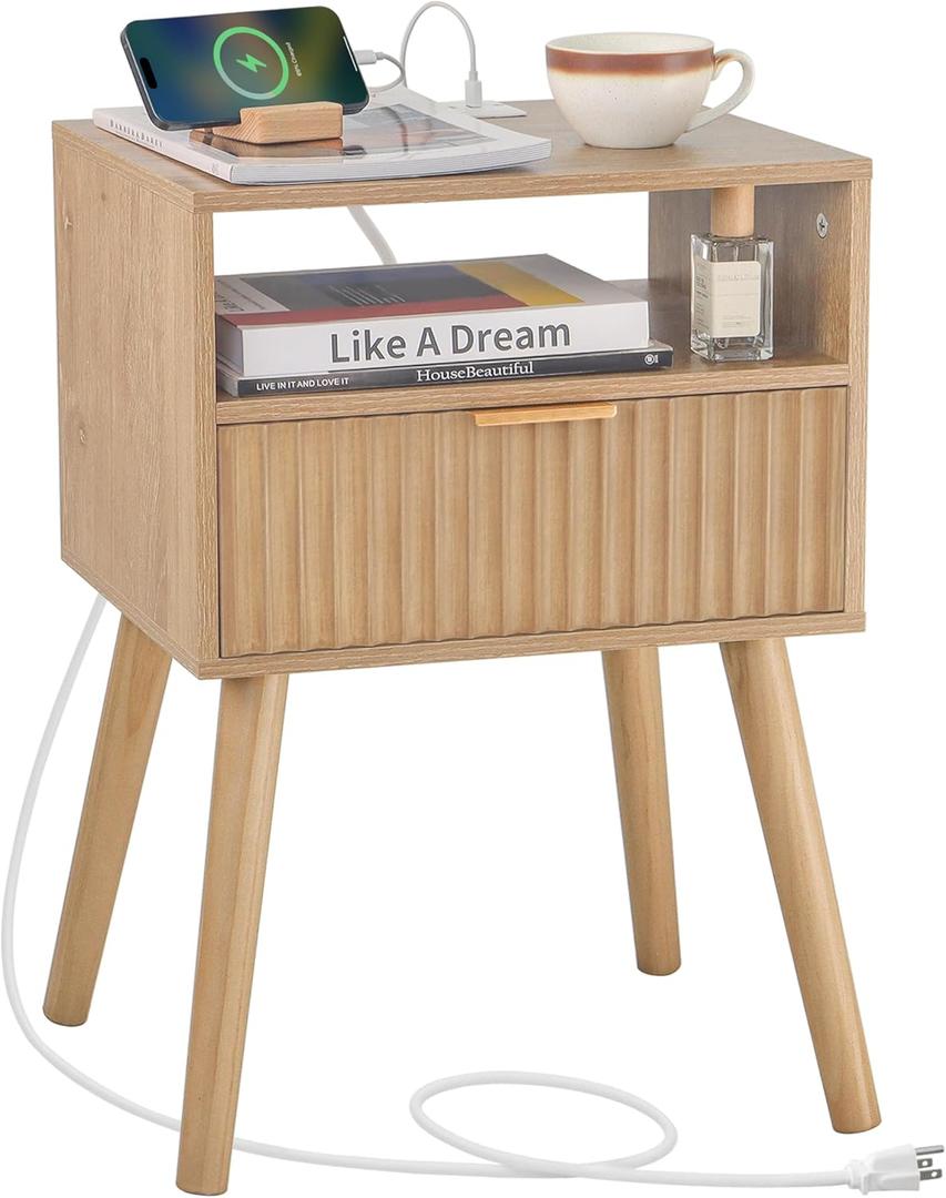 Night Stand with Charger Station, Wood NightStand with Drawer and Open Shelf, Fluted Bedside Table Side Table with Solid Wood Legs for Living Room, Bedroom and Small Space (Rustic Walnut)