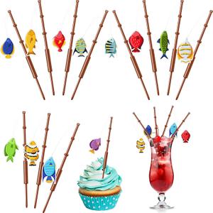 36 Pcs Fishing Birthday Party Decorations Fish Cupcake Pole Picks Fishing Themed Party Supplies Little Fisherman Tropical Appetizer Pick Cocktail Decoration for Tropical Cocktail Cake Decor