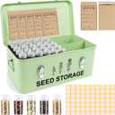 60 Slots Seed Storage Organizer, Metal Seed Saving Box with Lid and Safety Locks, Seed Bin Seed Storage Container with 20 Seed Envelopes and 20 Labels, 3 Compartments, Perfect for Flower Plants Garden
