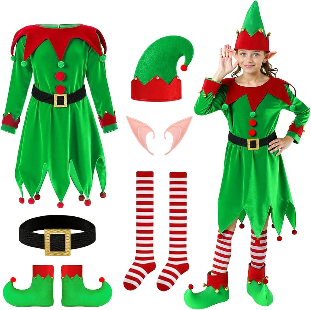 Christmas Elf Costume for Boys - 6PCS Santa's Helper Costume - Velvet Elf Outfit Set for Kids Christmas Party (Medium(8-10 Years))