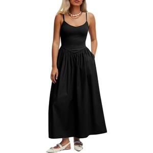 Womens Sleeveless V-Neck Maxi Dress with Pockets  Slim Fit Casual Summer Spaghetti Strap Dress for Vacation (Large, Black)
