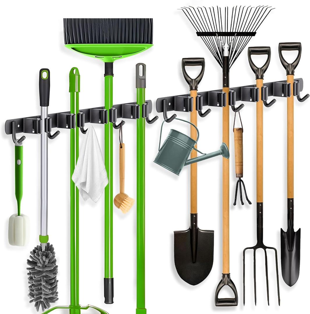 ZONGOOL 2 Pack Broom Holder Wall Mount, 4 Racks and 5 Hooks Mop Hanger Wall Mount Broom Organizer Stainless Steel Heavy Duty Garage Tool Racks for Home Kitchen Garden Laundry (Black)