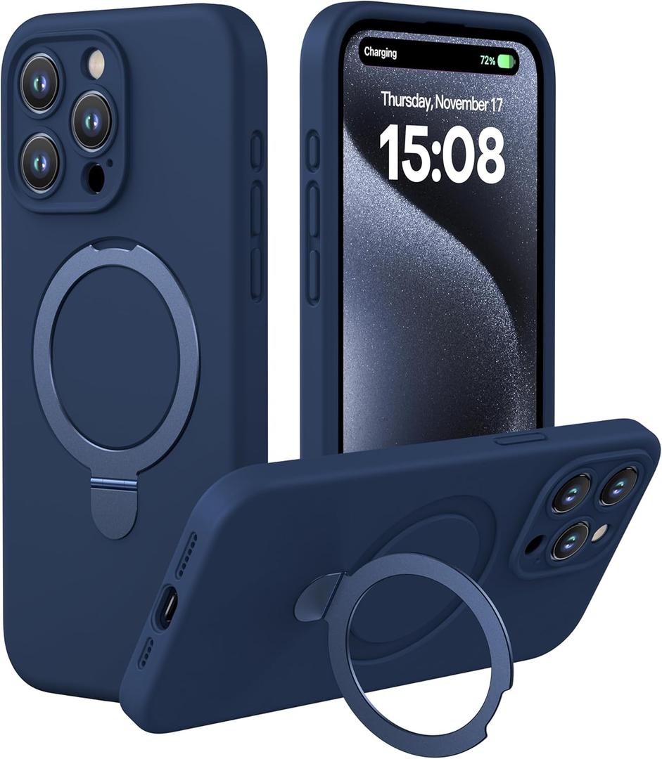 CellEver Strong Magnetic Case for iPhone 15 Pro [for MagSafe Charging] [Camera Protection] Heavy-Duty Protection, Soft Grip Silicone Cover with Kickstand, Navy Blue