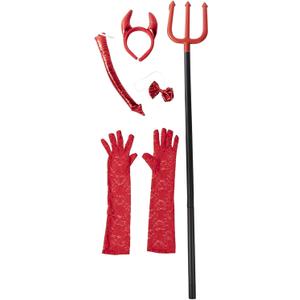 BLUE PANDA 5-Piece Devil Halloween Costume with Red Felt Horned Headband, Bow Tie, Tail, Pitchfork, and Lace Gloves, Complete Girls Devil Costume Set for Halloween Parties and Dress-Up - Red Pitchfork
