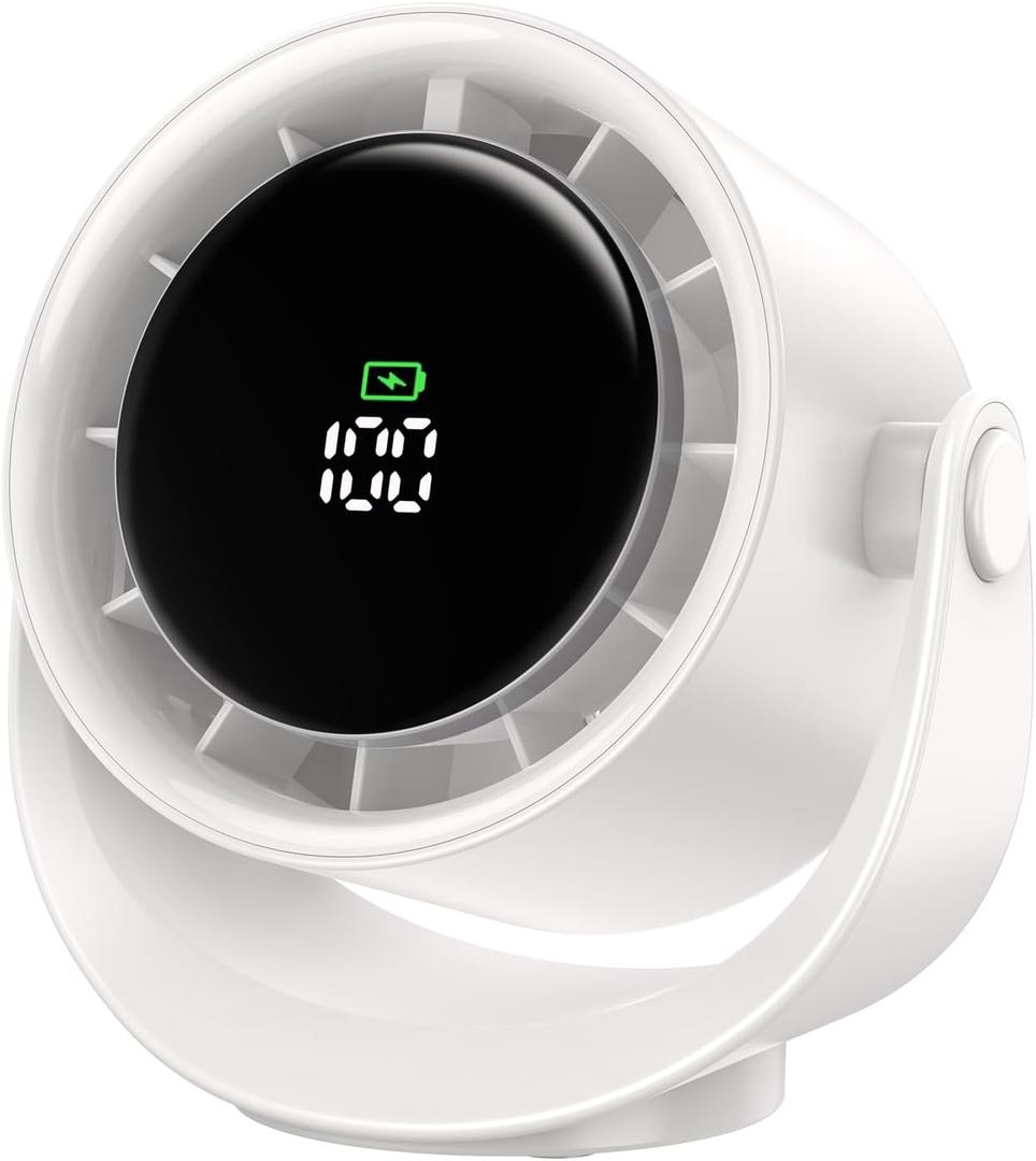 MORECORE Desk Fans for Bedroom, Strong Airflow Turbo Quiet Small USB Fan, 17hrs Running, 360 Rotate & 5 Speeds, 4000mAh Battery Operated Portable Fan with LED Display for Home Office Desktop-White