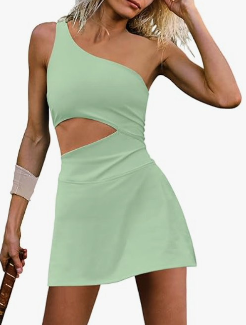 AMISSCHE Womens Tennis Dress Built with Bra and Shorts Workout One Shoulder Mini Dress Athletic Cut Out Golf Dress, Size XS