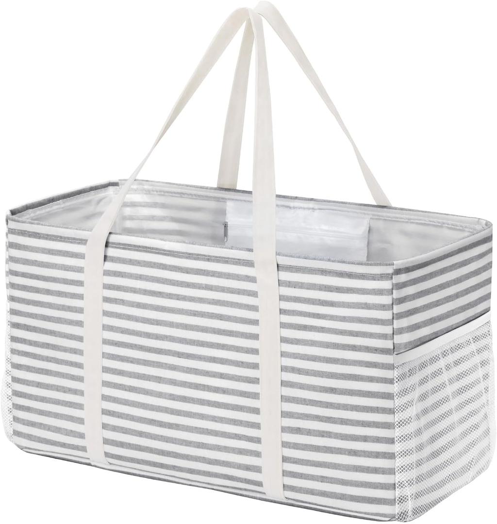 Lifewit Extra Large Tote Bag, Reusable Grocery Bags with Metal Wire Frame and Handles, Standing Utility Foldable Shopping Bags for Storage, Picnics, Beach, Laundry, Car, 46L, 1 Pack, Gray (Grey)
