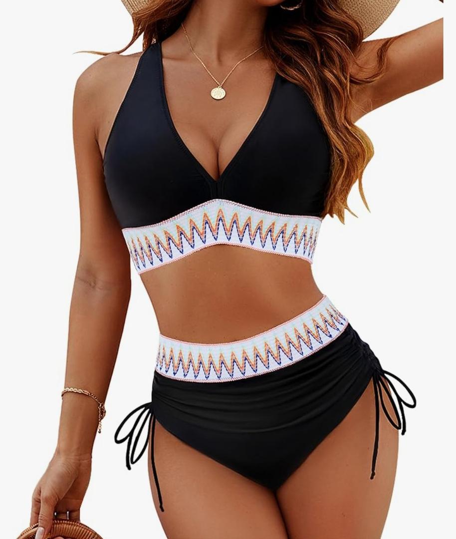 Blooming Jelly Women High Waisted Bikini Sets Tummy Control Swimsuits Color Block Two Piece Drawstring Bathing Suit,XL