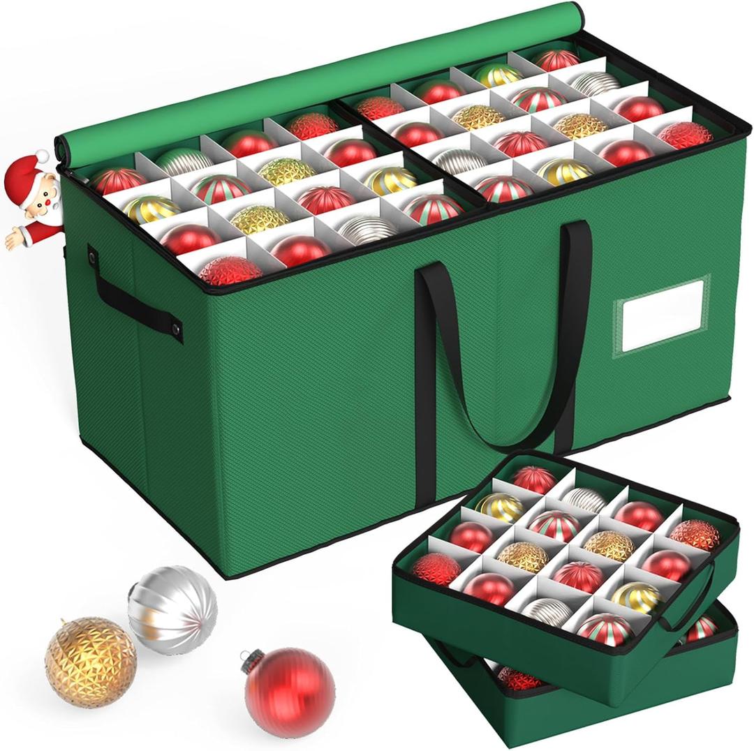 Kesfitt Christmas Ornament Storage Box with 8 Trays,Christmas Storage Container with Dividers Fits 128 Holiday Ornaments Decorations,Double Zipper,Large Xmas Organizer with Pockets (Green)