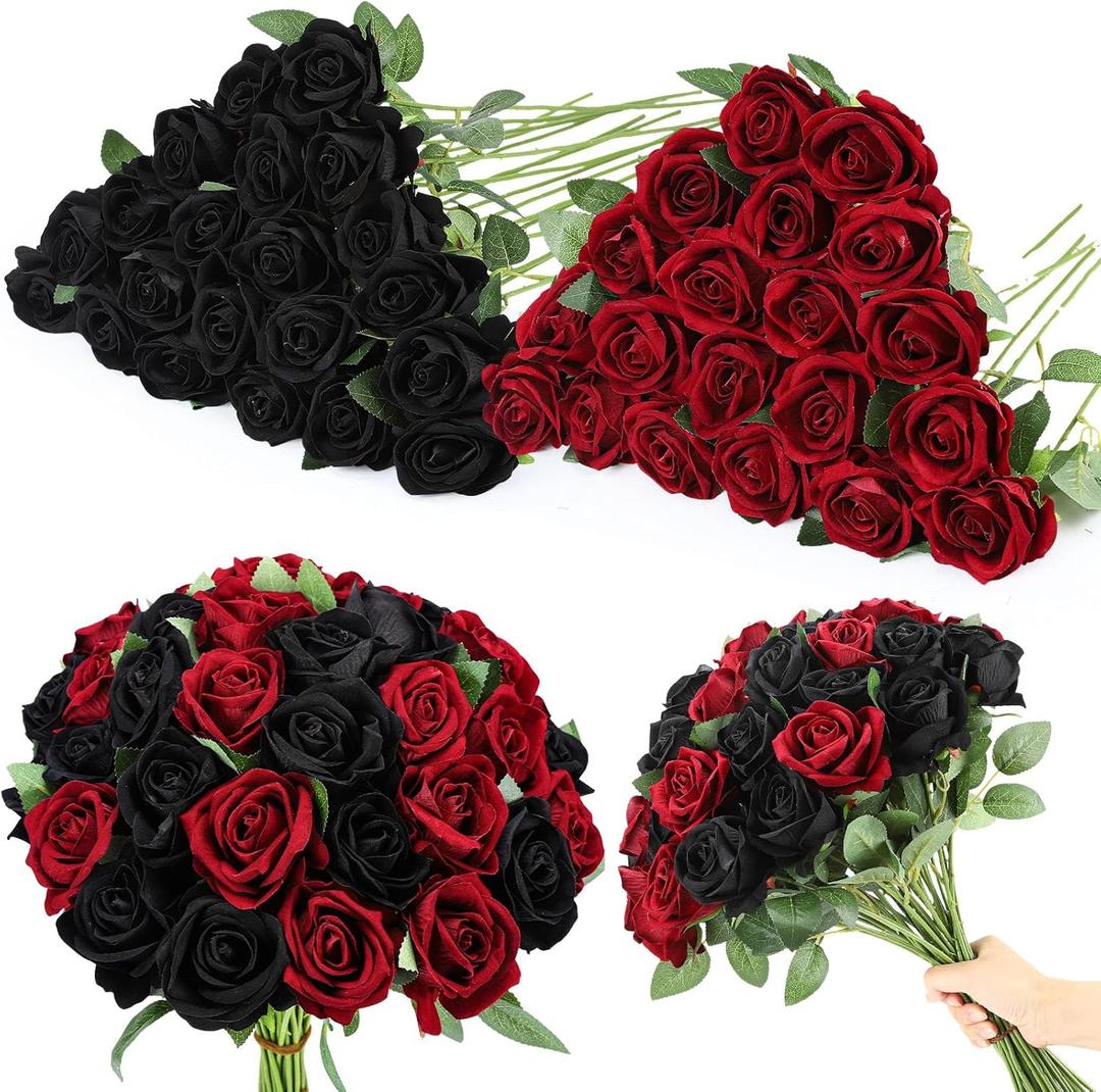 80 Pcs Roses Artificial Flowers, Silk Black & Red Artificial Flowers Petals Long Stem Roses for Wedding Bouquet Home Party Decor