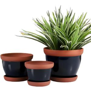 Yishang Glazed Terracotta Pots with Saucers, Set of 3, 5", 6", and 7" Sizes, Ceramic Clay Planter Pots with Drainage Holes - Black