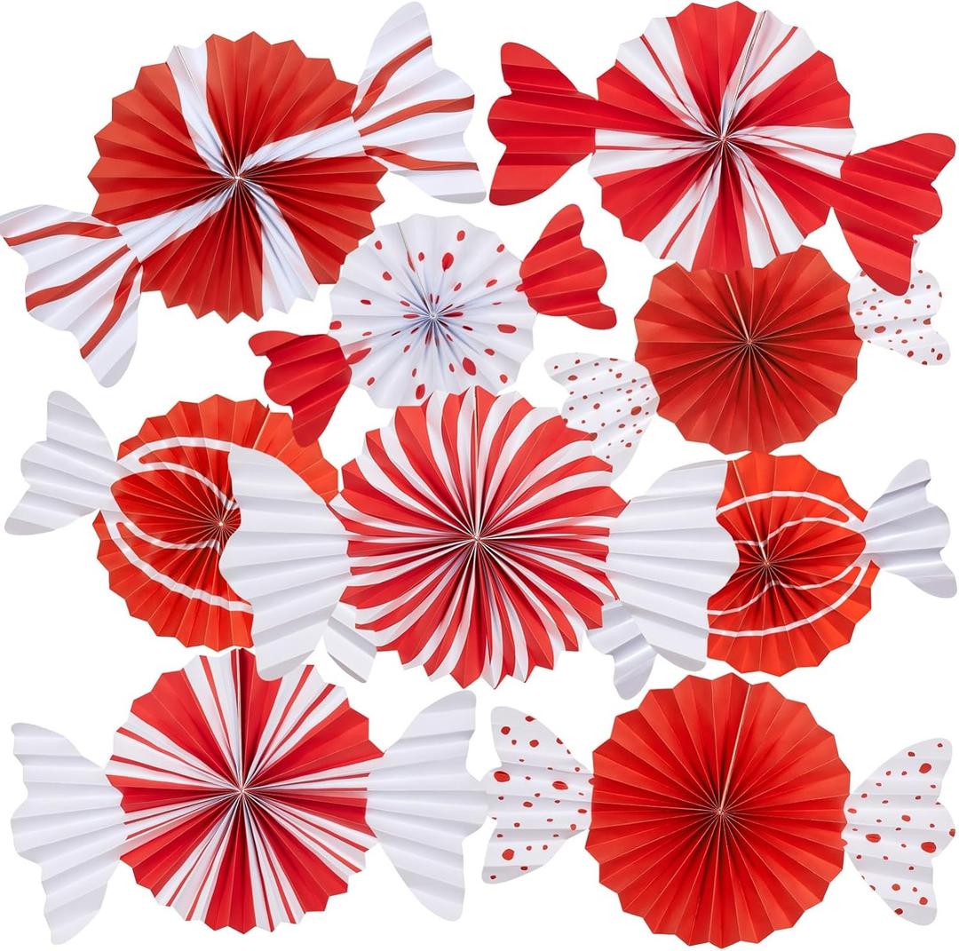 9PCS Christmas Hanging Paper Fans Candy Party Decorations Paper Christmas Decorations Candy Hanging Paper Decorations for Indoor Holiday Xmas Classroom Wall Dcor