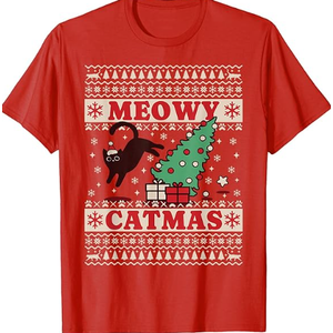 Meowy Catmas, Ugly Christmas Sweater, Cat Christmas T-Shirt, Size M