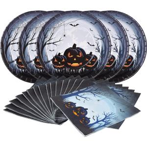 Gatherfun Halloween Party Supplies Anger Black Pumpkin Disposable 10 inch Big Paper Plates and Paper Napkins for Spooky Halloween Party Decorations Serve 16
