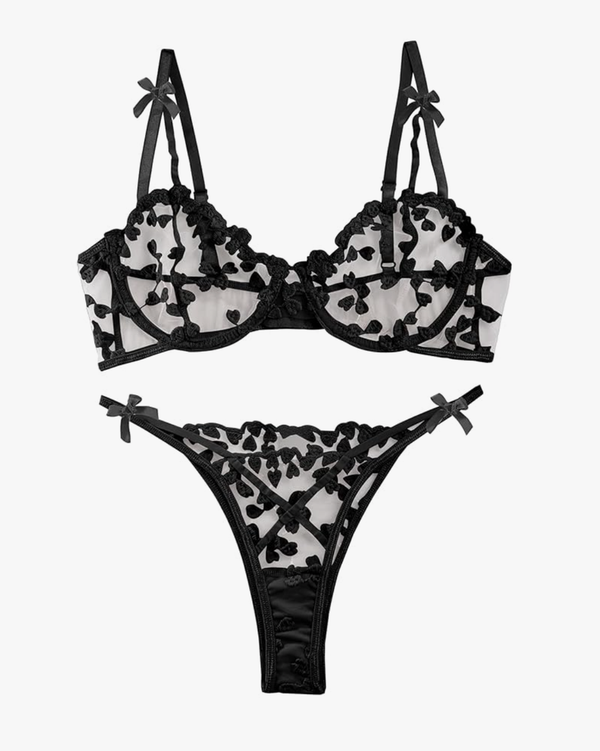 Lilosy Sexy Underwire Cute Push Up Strappy Embroidered Mesh Sheer Lingerie Set See Through Panty Bra M