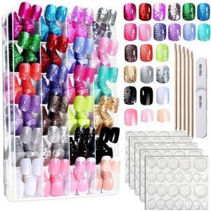 FANDAMEI Press on Nails, 24 Colors 576PCS Short Press on Nails Kit. Glossy Glitter Glue on Nails with Tabs. Fake Nails for Women, Girls, Kids, Teens, Natural Fit Lightweight for Christmas